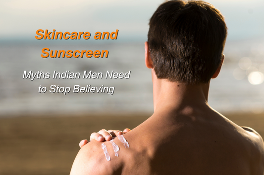 Indian man applying sunscreen on shoulder at the beach with text overlay ‘Skincare and Sunscreen Myths Indian Men Need to Stop Believing