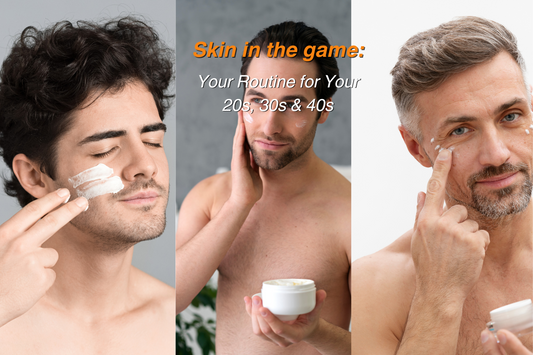 "Three men of different ages applying face cream, representing an age‑wise skincare routine for men in their 20s, 30s, and 40s with the text ‘Skin in the game: Your Routine for Your 20s, 30s & 40s