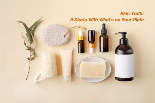 "Flat lay of natural skincare products including bottles, soap, loofah, and leaves on a beige background