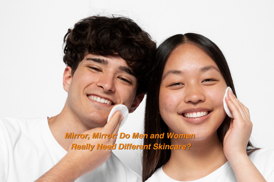 A young man and woman smiling while cleansing their faces with cotton pads, representing the different skincare routines and needs for men and women