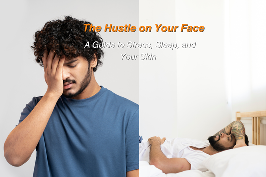 Stressed tired Indian man holding his face and another man lying in bed showing lack of sleep and fatigue — concept of stress, sleep, and skincare for men, tired skin, dark circles, and daily routine impact on men’s face.