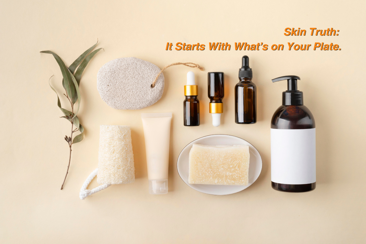 "Flat lay of natural skincare products including bottles, soap, loofah, and leaves on a beige background
