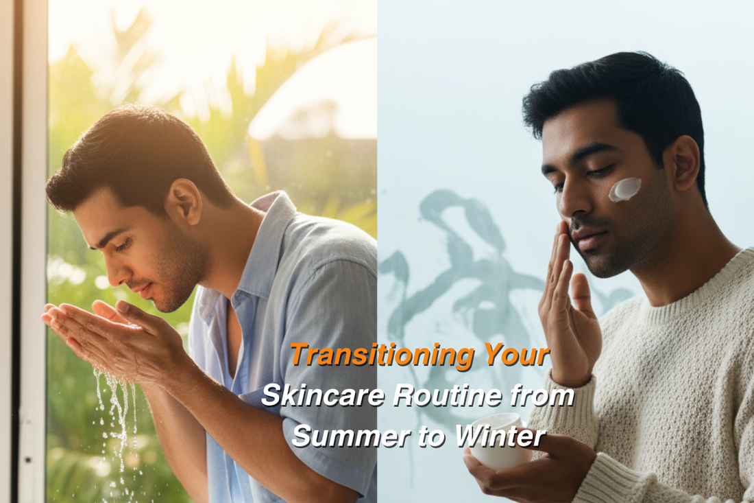 Split image of two Indian men showing seasonal skincare routines — one washing his face in bright summer light, the other applying moisturizer indoors during winter, representing transition from summer to winter skincare.