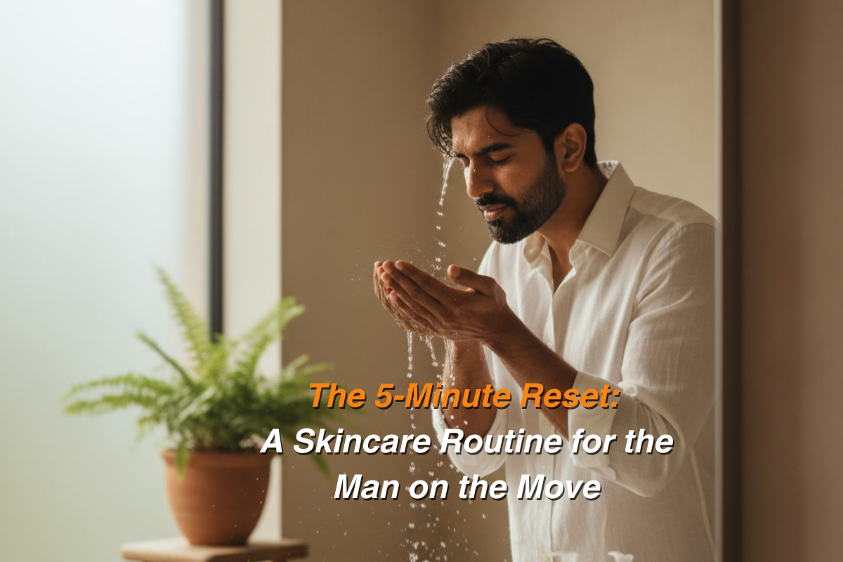 Indian man washing his face in a bright bathroom, practicing a quick morning skincare routine; minimalist, clean aesthetic representing a 5-minute men’s skincare reset.