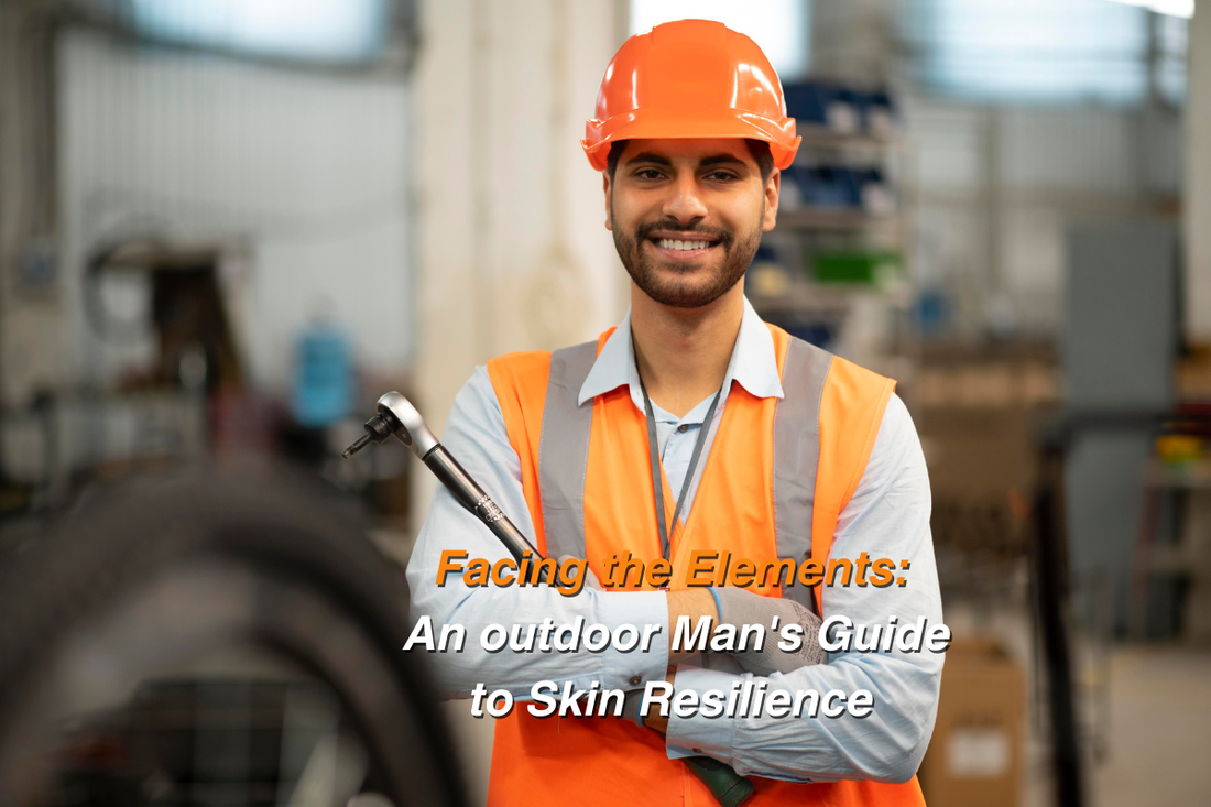 Smiling male worker wearing an orange safety helmet and reflective vest in an industrial setting, representing outdoor working men and skin resilience.