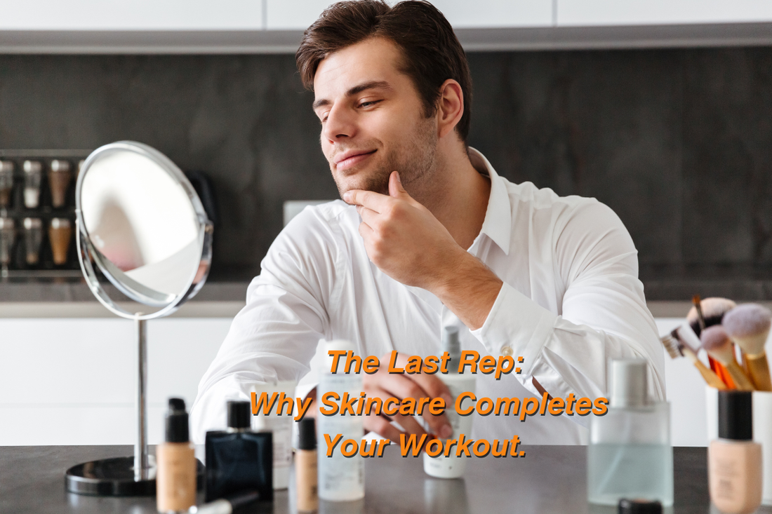 Young man applying skincare in front of a mirror after workout, showcasing men’s skincare routine and post-exercise skin care benefits.